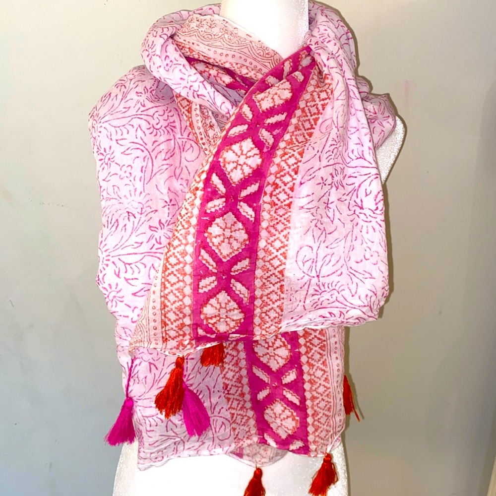 Block print lightweight cotton oversized pink orange scarf wrap pareo sarong